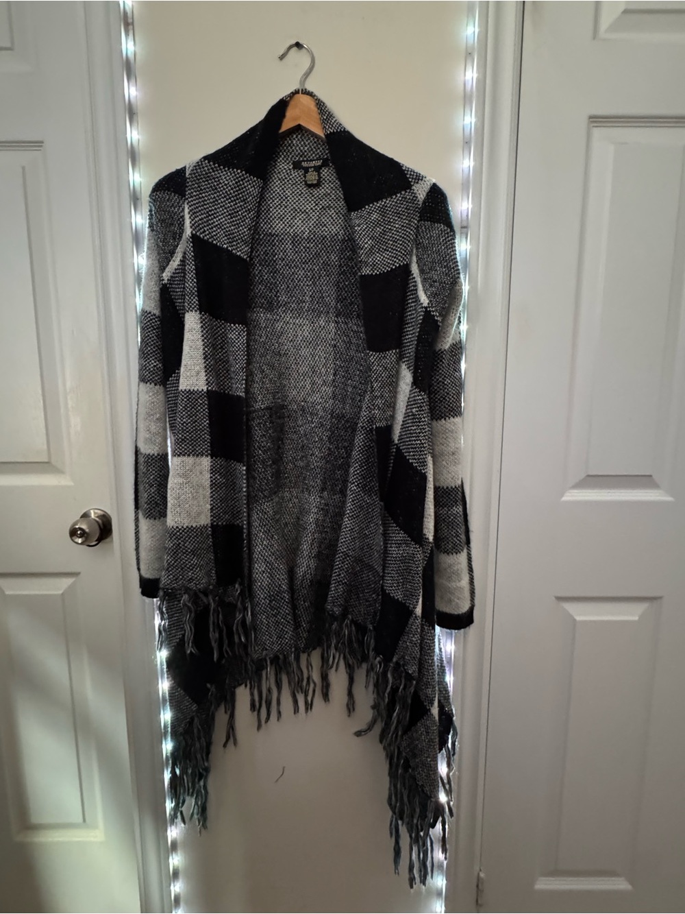 Black & White Plaid Fringe Open-Front Poncho Sweater